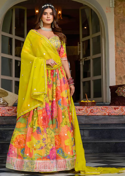 Multicolor Floral Printed and Embroidered Lehenga Choli