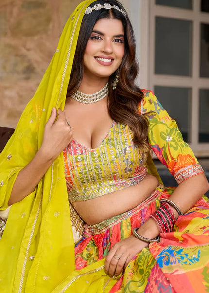 Multicolor Floral Printed and Embroidered Lehenga Choli