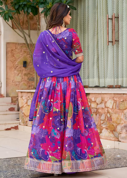 Purple Multicolor Floral Printed and Embroidered Lehenga Choli