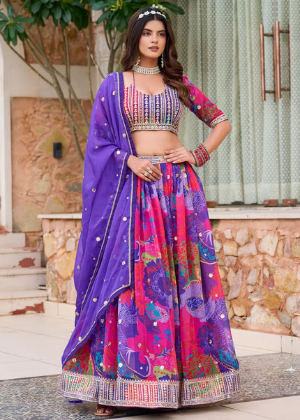 Purple Multicolor Floral Printed and Embroidered Lehenga Choli