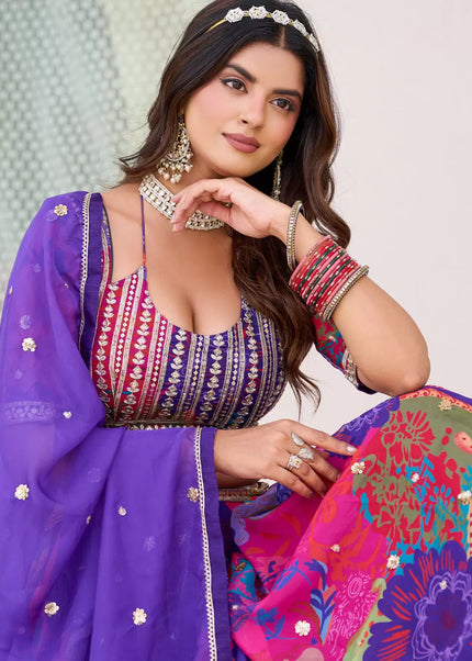 Purple Multicolor Floral Printed and Embroidered Lehenga Choli