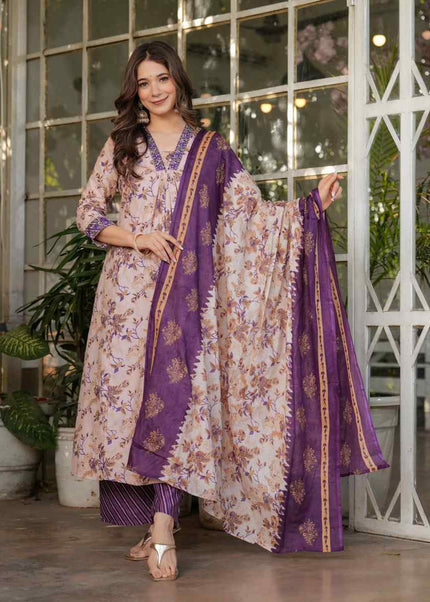 Offwhite and Purple Embroidered Pant Style Suit