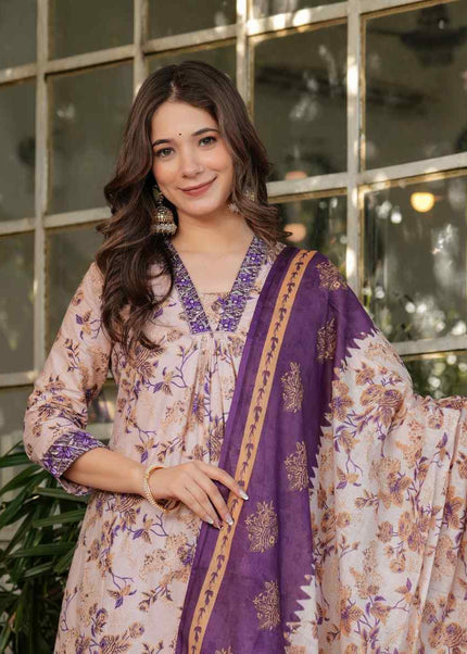 Offwhite and Purple Embroidered Pant Style Suit