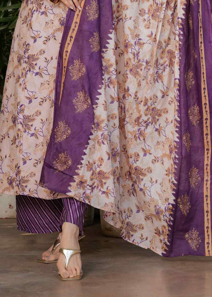 Offwhite and Purple Embroidered Pant Style Suit