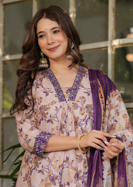 Offwhite and Purple Embroidered Pant Style Suit