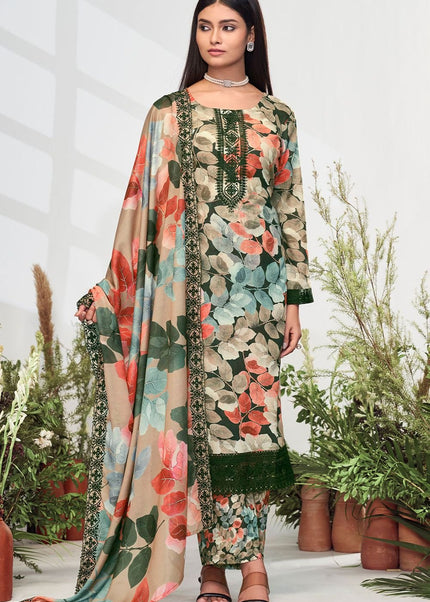 Multicolor Floral Printed and Embroidered Pant Style Suit
