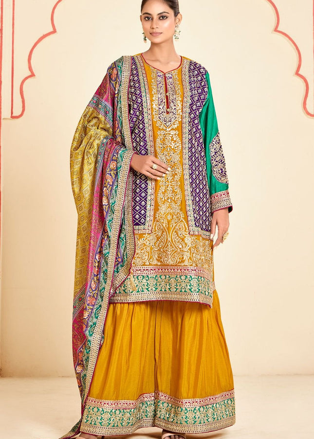 Yellow Multicolor Embroidered Gharara Suit