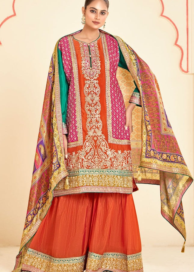 Orange Multicolor Embroidered Gharara Suit