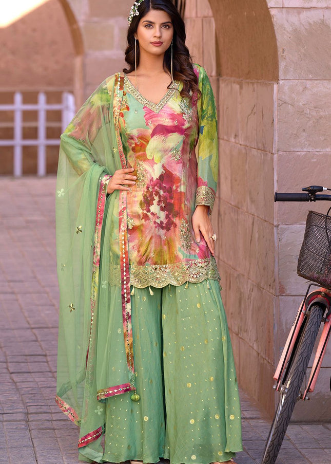 Green Embroidered Sharara Suit