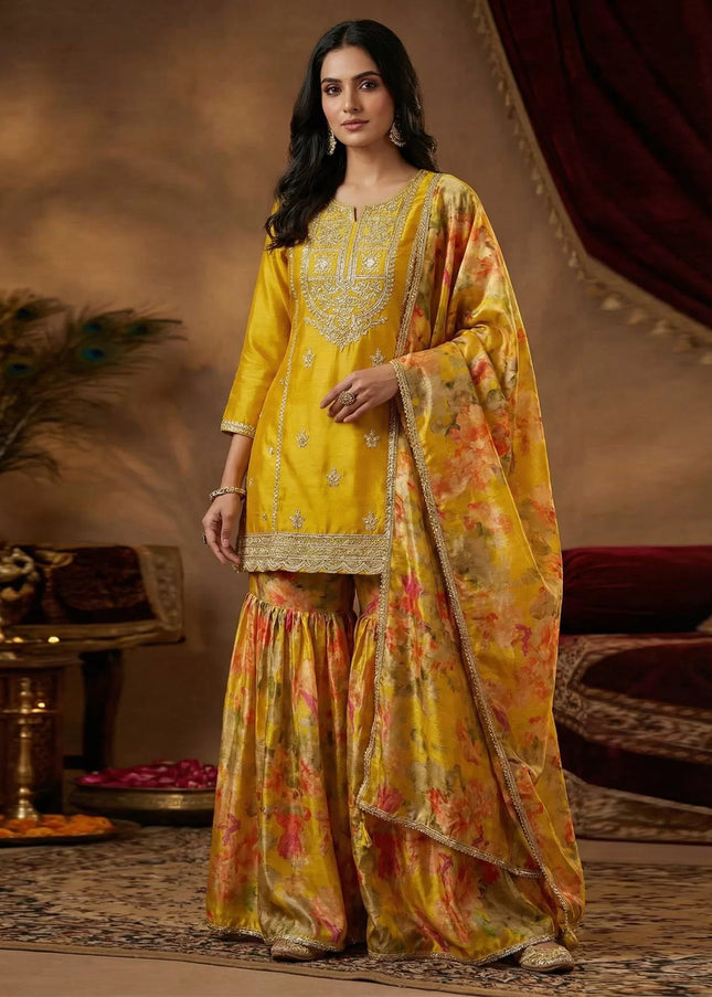 Mustard Yellow Printed and Embroidered Gharara Suit