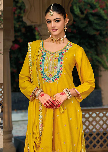 Yellow Embroidered Sharara Suit