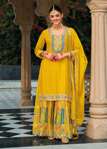 Yellow Embroidered Sharara Suit
