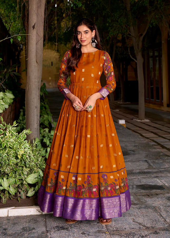 Mustard Yellow and Blue Printed and Embroidered Jacket Style Anarkali Gown
