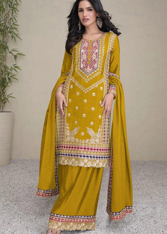 Mustard Embroidered Palazzo Suit