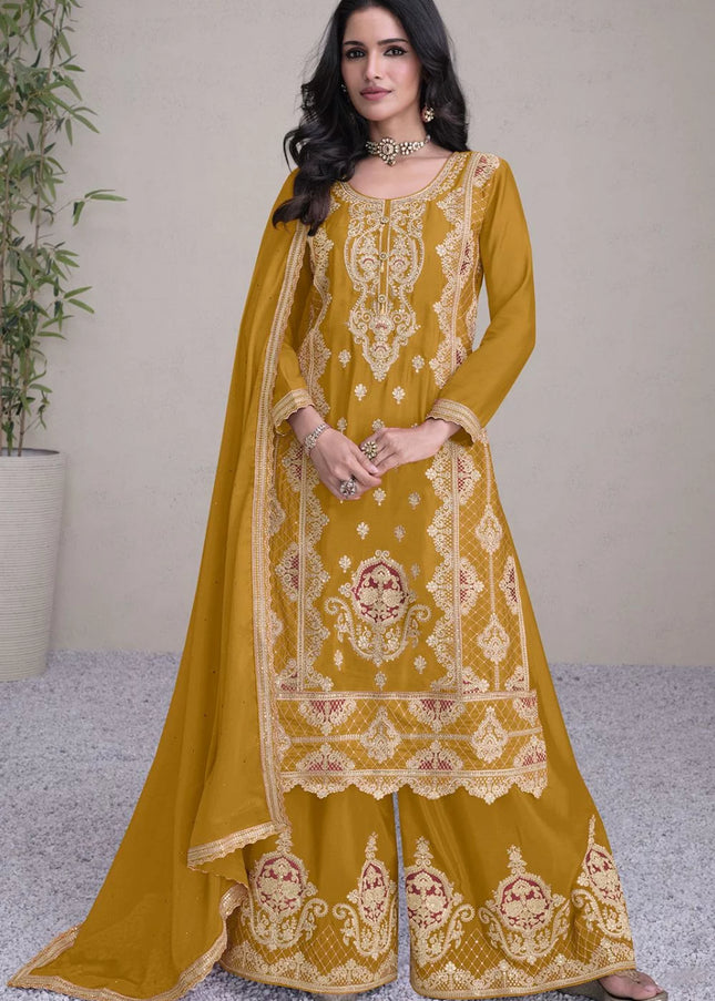 Mustard Embroidered Palazzo Suit