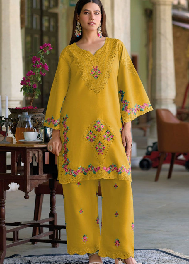 Mustard Yellow Embroidered Pant Style Suit