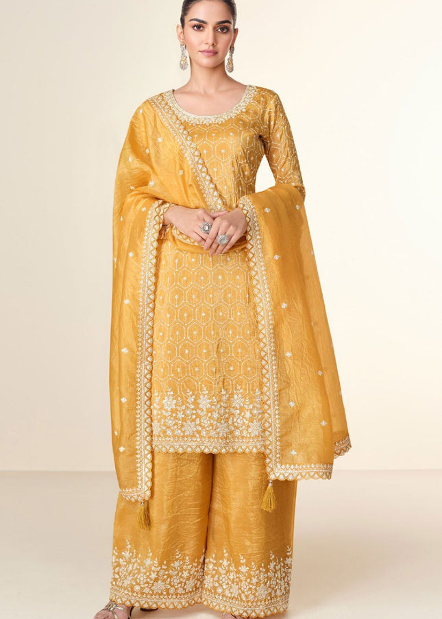 Mustard Embroidered Sharara Suit