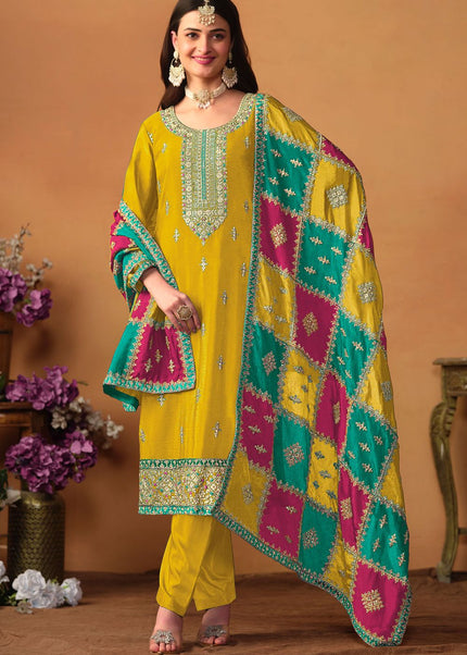 Yellow Multi Embroidered Pant Suit
