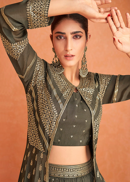 Dark Green and Gold Embroidered Jacket Style Lehenga