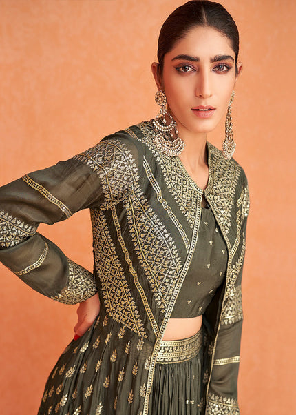 Dark Green and Gold Embroidered Jacket Style Lehenga