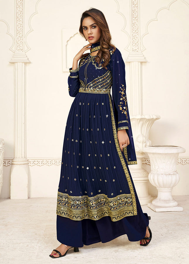 Blue and Gold Embroidered Palazzo Suit