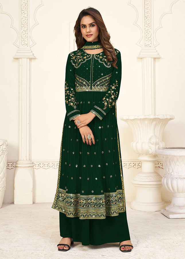 Green and Gold Embroidered Palazzo Suit