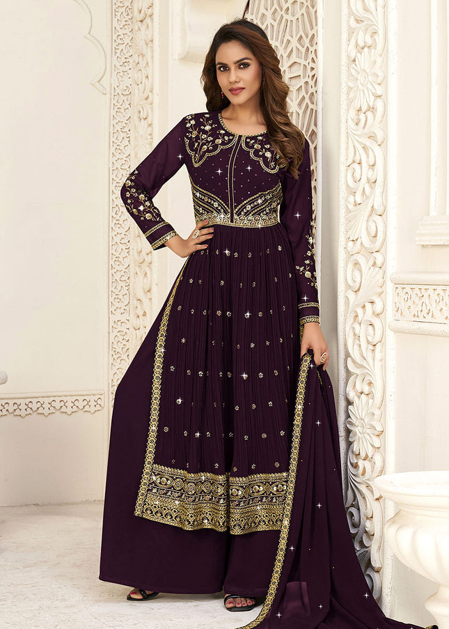 Purple and Gold Embroidered Palazzo Suit