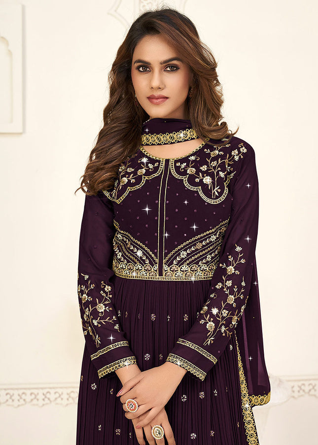 Purple and Gold Embroidered Palazzo Suit