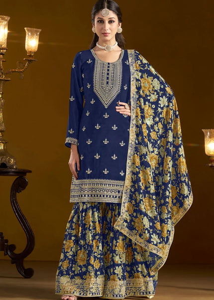 Navy Blue Embroidered Gharara Suit