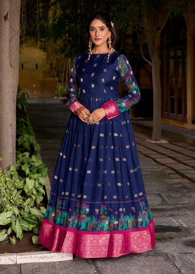 Navy Blue and Pink Printed and Embroidered Jacket Style Anarkali Gown