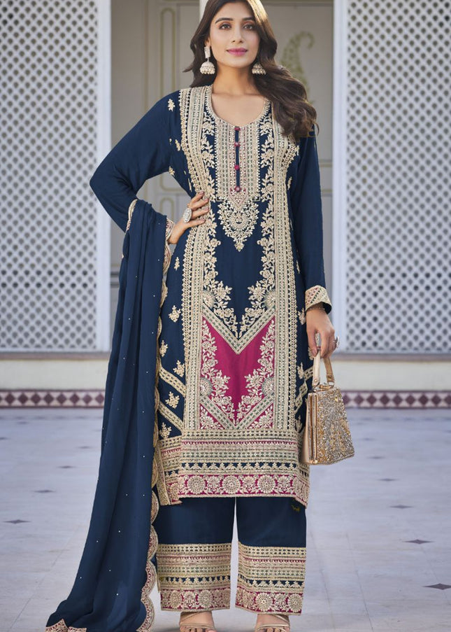 Navy Blue Multi Embroidered Pant Suit