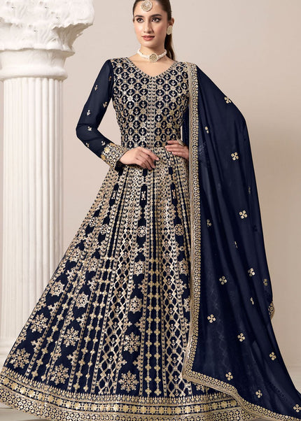 Navy Blue Embroidered Anarkali