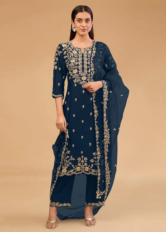 Navy Blue Embroidered Pant Suit