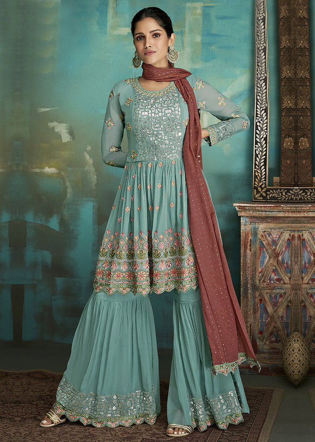 Light Blue and Gold Embroidered Gharara Suit