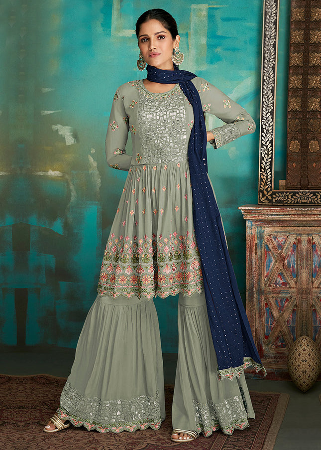 Light Green and Gold Embroidered Gharara Suit