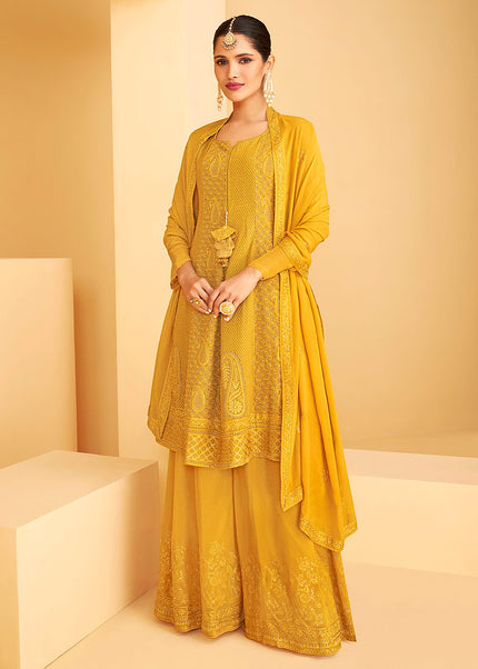 Yellow and Gold Embroidered Sharara Suit