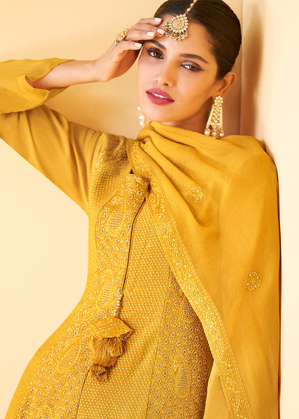 Yellow and Gold Embroidered Sharara Suit