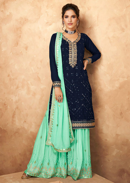 Blue and Aqua Embroidered Palazzo Suit