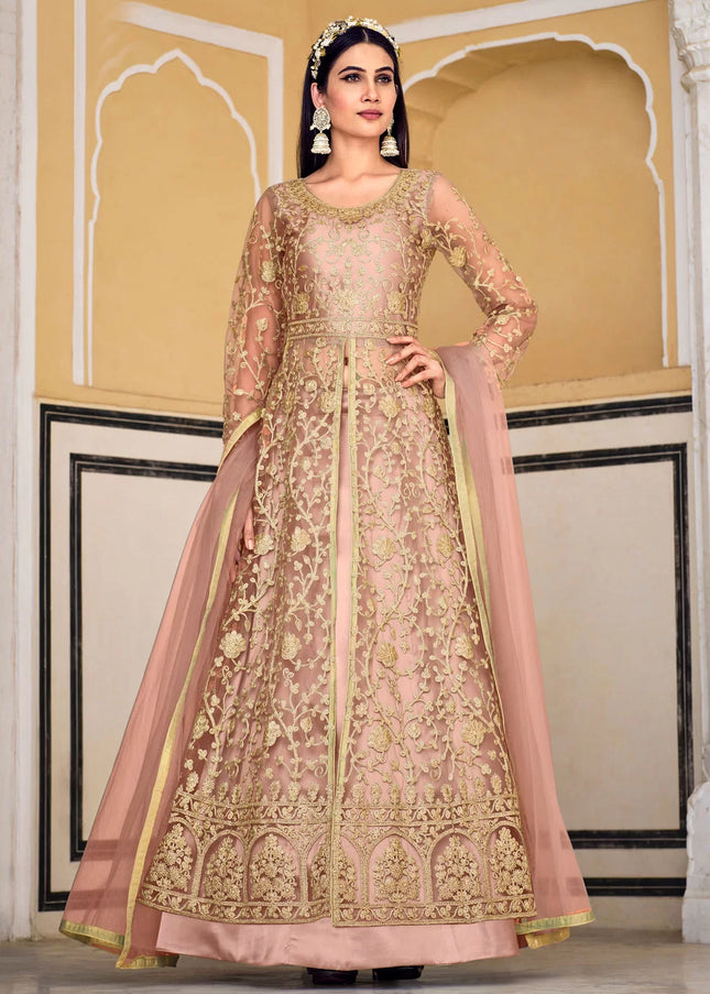 Pink and Gold Embroidered Lehenga/ Pant Style Anarkali