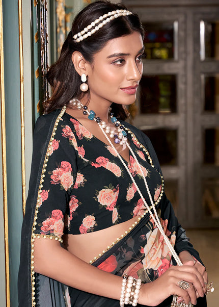 Black Floral Printed Saree