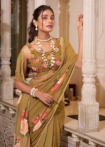 Brown Floral Printed Saree