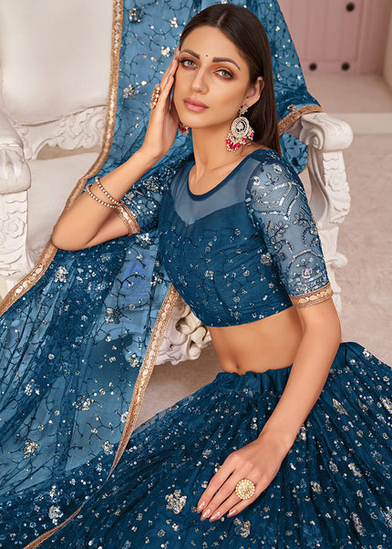 Teal Blue and Gold Embroidered Lehenga