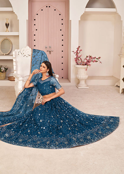 Teal Blue and Gold Embroidered Lehenga