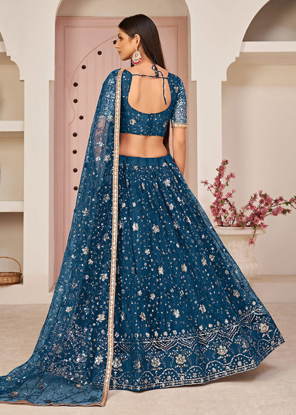 Teal Blue and Gold Embroidered Lehenga