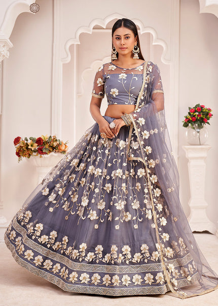 Blue Grey Embroidered Lehenga