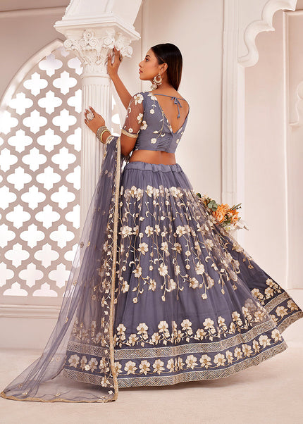 Blue Grey Embroidered Lehenga