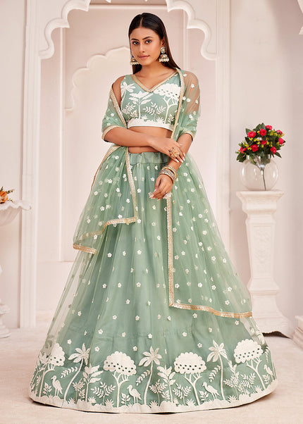 Pista Green Embroidered Lehenga