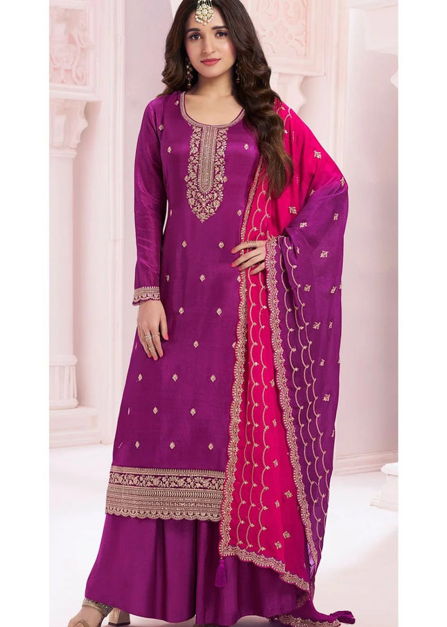 Purple Embroidered Sharara Suit