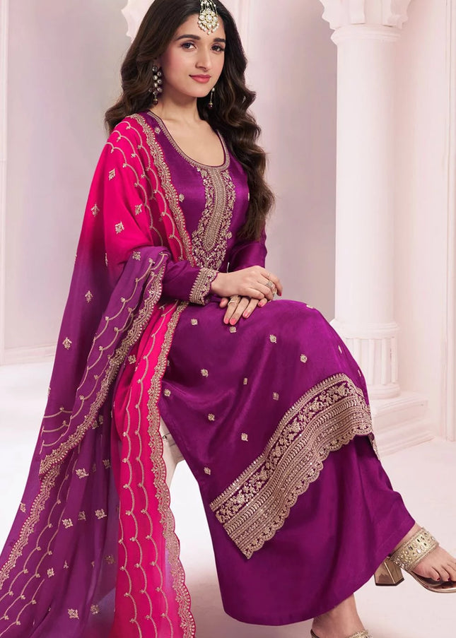 Purple Embroidered Sharara Suit