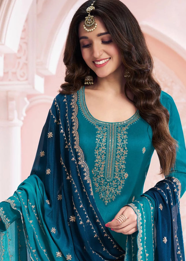 Blue Embroidered Sharara Suit